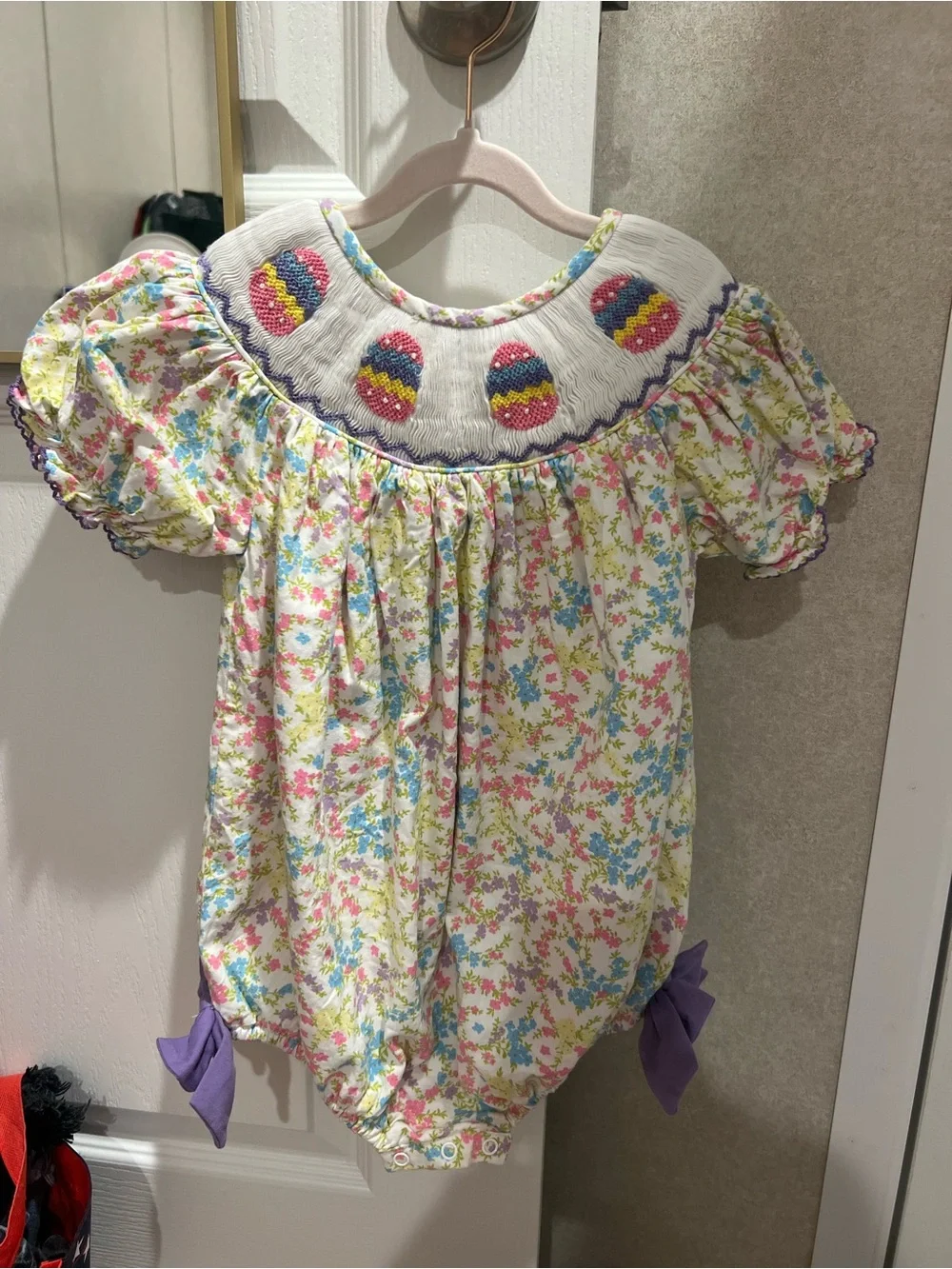 Girls Floral Smocked Bubble Dress in White with Pastel Accents Easter